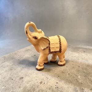 Vintage Ceramic Elephant Figurine Crackle Glaze Ivory Brown Trunk Up Lucky Decor